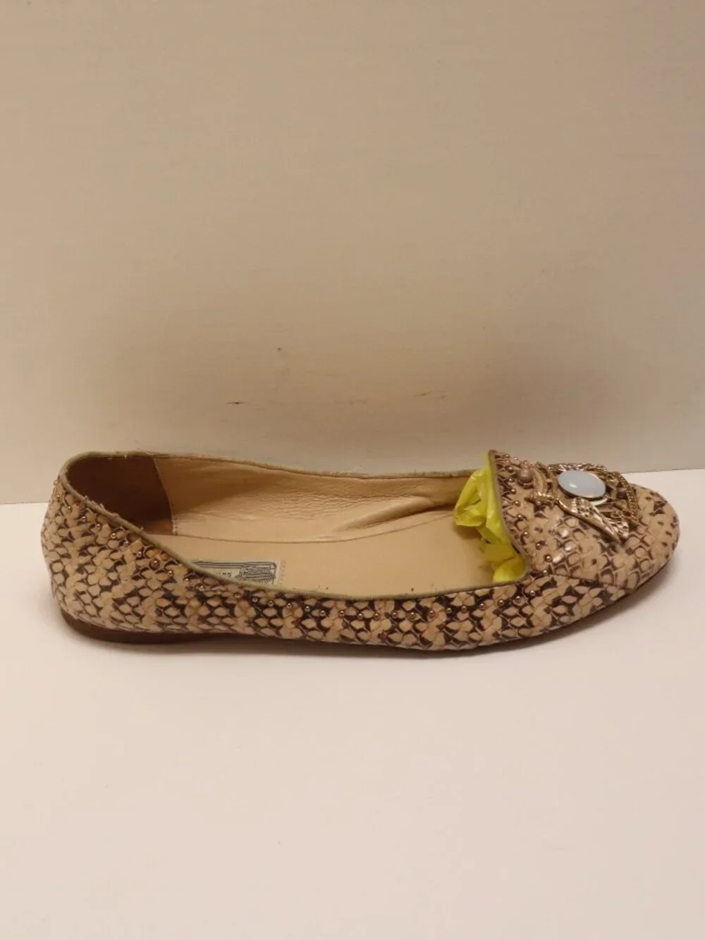 Ivy Kirzhner Snake Print Flats Women's Shoes with Gem Embellishment Beige